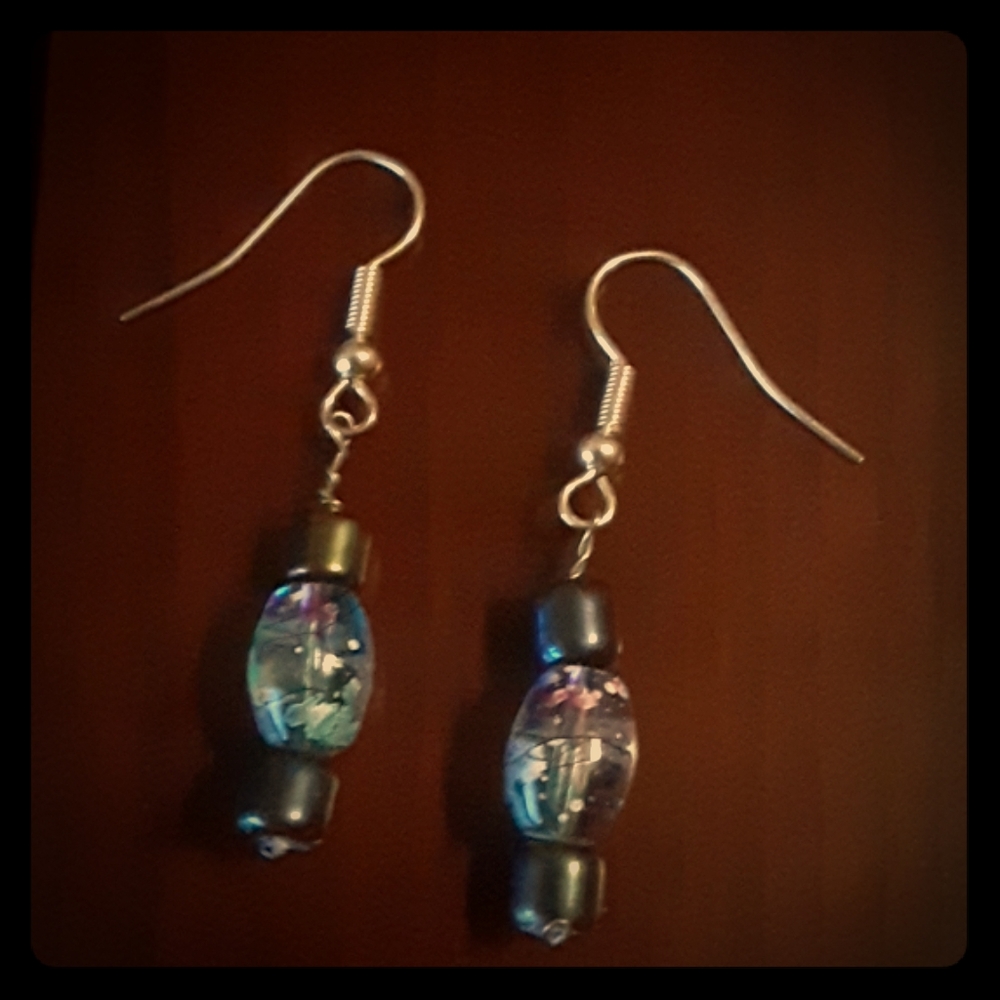 Navy Blue & Clear Speckled Beaded Dangle Earrings